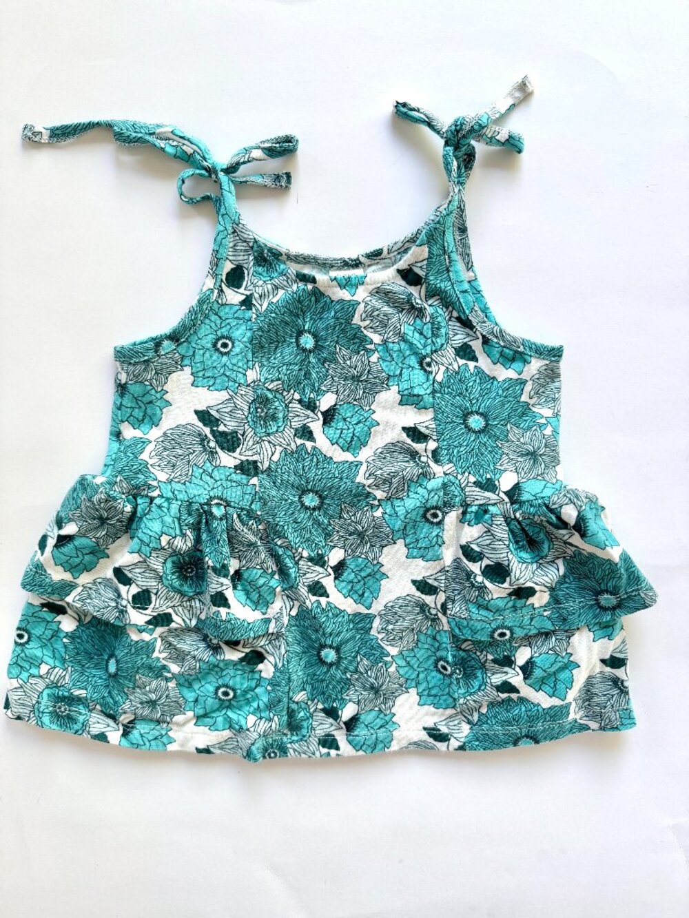 Kate Quinn Floral Tie Strap Ruffle Top Teal 3T
